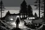 Placeholder: pickup truck, rear, forest, standing, silhouette, comic book,post-apocalypse, gray background, night time,