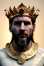 Placeholder: Realistic image, sculpture, white marble material with gold veins, Lionel Messi, gold laurel leaves crown, gold ornaments, Renaissance style, sun rays background, waist up portrait, epic, celestial, cinematic lighting, God lights, 4k resolution, smooth details, soft lighting, unreal engine 5, art station, substance 3d.