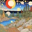 Placeholder: Colourful, peaceful, Max Ernst, Gustav Klimt, Egon Schiele, Hiroshige, night sky filled with planets and stars, trees, rocks, flowers, one-line drawing, sharp focus, 8k, 3d, intricate, ornate