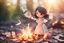 Placeholder: paper money stacks, cute chibi brunette princess desperately throwing a pile of paper money onto a burning bonfire with a pitchfork in sunshine, ethereal, cinematic postprocessing, bokeh, dof