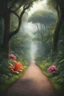 Placeholder: there are two friends. no one in the road and walking in the jungle.large trees.short road.beautiful flower