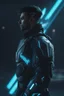 Placeholder: cyberpunk, neon blue, triangle of light floating behind the back, cyber armor, geometric patterns on an armor, male