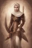 Placeholder: portrait lady grey arab warrior, hijab, mosque background, gun