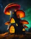 Placeholder: An asymmetrical mushroom house in the night sky. in space. Bright Bold Bright Colors, yellow orange green, Stark Dark background. Detailed Matte Painting, deep color, fantastical, intricate detail, splash screen, hyperdetailed, insane depth, Fantasy concept art, 8k resolution, trending on artstation, Unreal Engine 5, color depth, Deep Colors, backlit, splash art, dramatic, splash art Style. High Quality, Painterly, Whimsical, Fun, Imaginative, Bubbly, good detail, perfect composition,
