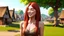 Placeholder: A photorealistic image of a red-haired, slender fantasy woman, winking and smiling, standing in a village common, surrounded by many thatched cottages and shops, under a large tree, early in the morning.