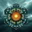 Placeholder: Dynamic hypnotic fractal 3D structures pentagonal Symmetry and morphing between organic and geometric forms , smooth translucent iridescent glass with inner glow and bubbles, varied transparent materials, stormy skies, intense dramatic