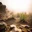 Placeholder: A striking quality Kodak photograph captures a wasteland with liquid and a group of plants, creepy, details of the dust very accentuated, glossy organic mass, adorned with minerals and rocks. Bathed in intense light, eerie, Max Ernst style, orange sun, fog