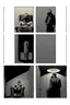 Placeholder: a page divided into 6 rectangular panels, each with different views of a man strapped to a chair and being interrogated by a man standing with a gas mask on, lower and higher perspectives, front and back, overhead light, suspenseful torture graphic novel, comic book
