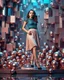 Placeholder: make a picture pretty stage made of metallic and crystal 3d fractal recursive cubic and sphere base structures and a beautiful fashion model lady posing with cute,with dark cyan decholte lace top and pretty pleated midi skirt,siver high heels ,makeup curvy long hair,dynamic camera zoom to full body and pan, dynamic lights.