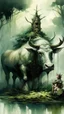 Placeholder: A bull or a horse with a wooden totem with spikes on it, in the middle of the forest. Opposite is a tree with a green-skinned man on it., by Ryohei Hase, Agnes Cecile, Raymond Swanland, Anne Bachelier