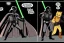 Placeholder: Cat dressed like Luke Skywalker and cat dressed like Darth Vader. Fighting with light swords. Graphic novel style. Colours