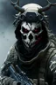 Placeholder: A soldier in the game modern warfare, he wears a skull mask with horns that covers his eyes. The lower half of his face is covered by a mask with a bloody fanged grin. He is a sniper, but can also run point. His call sign is Wraith. Couple