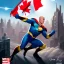 Placeholder: Canadian superhero throwing glass jar comic book art, background is a city with a Canadian flag, shaved head, full beard, the letter M on chest, comic book art, art style by dark horse comics, high resolution, 8k