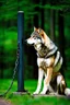 Placeholder: large wolf chained to a post