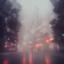 Placeholder: misty foggy area with a spirit in the middle of a bright japanese city at night