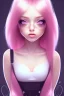 Placeholder: girl, cute, beautiful, headshot, pink hair, brown eyes, black clothes, long hair, eyeliner, long eyelashes, hot