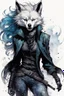 Placeholder: ink wash and watercolor full body concept illustration of an anthropomorphic, fanciful Arctic Wolf, goth punk thief girl character with wildly flowing hair, ornately dressed with highly detailed feathers and facial features in the comic book style of Bill Sienkiewicz and Jean Giraud Moebius, with a fine art aesthetic, highly detailed , boldly inked, 4k UHD cinegraphic quality