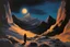 Placeholder: night, mountains, one person, rocks, 2000's sci-fi movies influence, friedrich eckenfelder and willem maris impressionism paintings