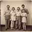 Placeholder: awkward family photo, all wearing the same type of clothes, 1960s, big mustaches, polaroid