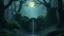 Placeholder: The ancient gates of a misty forest, covered in thick, vibrant green moss, under the soft glow of a full moon at midnight.