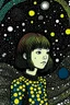 Placeholder: Gogh-like half alien half-Yayoi Kusama lady, colored ink art. She is young and cute and is looking up at a spaceship in distance. It’s dark and gloomy. Some light comes from above.