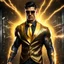 Placeholder: Hyper Realistic handsome muscular Electric-Superhero with short-black-hair wearing long-fancy-yellow-tuxedo-with-golden-circuit-patterns, Black-shirt & Golden-electric-tie & fancy-golden-sunglasses aggressively-unleashing-thunderbolt-from-his-punches in a dark-rustic-circuit-room with electric-sparks-&-rays & a massive circuit-board-wall with-glowing-embers showing dramatic & cinematic ambiance.