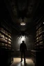 Placeholder: a man illuminated only by a band of light coming from the ceiling of an old bookstore protected by a huge black spider