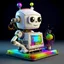 Placeholder: Arthur- adorable Art history printer robot, futuristic retro style adorable, white metal, surrealist pixelcore, iridescent decorations and glass filaments, pearlescent symbols, iridescent sheen, gloss, shiny,