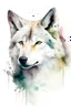 Placeholder: White wolf head, painting on white background, minimalistic, highly realistic, soft colours, paint splatters, tree silhouettes in the background, watercolour