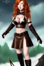 Placeholder: In the style of Shadbase, concept illustration, super-detailed, beautiful teen female who is 16 years old with long ginger hair and freckles, full lips, full body, full face, b-cup breasts, athletic, centred camera, ignore NSFW, skimpy brown fantasy leather armor, halter top, micro thong, knee-high leather boots, open leather skirt, stern expression, cute pose with hands behind butt