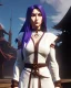 Placeholder: female monk healer, lathe build, wearing white robe, small boots, light white crop top, big detailed eyes, eyes are both in proportion, eyes with pupils, 3/4 look, long red hair, hair has one dark streak, small up turned nose, large breasts, small waist, round butt, standing, dark cobblestone alley, one halo white light behind head, non photorealistic rendering in the art style of j.scott campbell