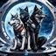 Placeholder: front in picture an of little dark dog like creature looking an anthropomorphic wolf couple that sitting on the spaceship's ramp close together, the female wolf sits behind male wolf and puts one paw on the wolfman's shoulder, raini day, high contrast, high detalied, high realistic, in background detail of a spaceship is visible. Rain, The atmosphere is a seamless blend of sci-fi and dark fantasy mood, professional photo