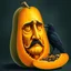 Placeholder: Papaya that is carved to look like the face of Edgar Allen Poe, surreal, profound, raven stands next to the papaya, detailed illustration