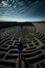 Placeholder: A man enters a labyrinth and the background sky draws the shape of a skull