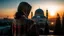 Placeholder: A Palestinian woman wearing an embroidered dress with the Dome of the Rock and the city of Jerusalem in front of her during sunset in winter.