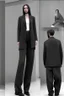 Placeholder: Long black formal jacket with a black shirt and gray pants Photorealistic