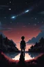 Placeholder: boy and his cat looking at the sky full of stars and comet, view from her back, in anime style, using only the colors, black, red, and blue, 4k adobe illustrator render, cartoon style