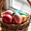 Placeholder: digital photograph of off-center modern basket colorful Easter eggs. eggs display intricate textures in azure, emerald, blush,red, crimson,gold, sapphire,metallic cinematic HDR backlighting highlights subtle dimples and glossy reflections, with shallow depth of field softening the sunlit background. hyperrealistic 8k resolution,