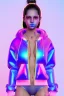 Placeholder: Ultra Realistic image, Rosalía artist, portrait, waist up portrait, long black eye line, sweet face, inflatable hoodie, gold pink and blue style, spray glow make up, led lights, neon, led piercing nose, led ornament, fog, bubble latex coat, vibrant color, highly detailed, art stations, concept art, smooth, unreal engine 5, god rays, ray tracing, RTX, lumen lighting, ultra detail, volumetric lighting, 3d, finely drawn, high definition, high resolution.