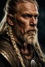 Placeholder: portrait of a 60-year-old viking ,blonde beard and long blond hair with Two small braids. Rugged face with a scar on his cheek. dark fantasy