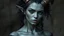 Placeholder: Grey skinned tiefling woman black curly hair goat horns