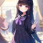 Placeholder: Clear Focus, High resolution, loli girl wearing a sailor school unform, black long fluffy hair, purple eyes, blocky eyes