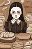 Placeholder: Wednesday Addams in front of Some Breads and Other Things Arranged on a Brown Background