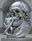Placeholder: a mirrior stainless steel statue of Karl Marx hugging a huge skull, a human body-like big pen, a sickle and axe insert head of Karl Marx