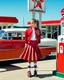 Placeholder: A cinematic medium shot of a young teenage girl with her hair in a ponytail. She is wearing a long poodle skirt, a high school letter jacket, bobby socks, and saddle shoes. The girl is standing outside a 1950s gas station with Texaco Sky Chief gas pumps and a sign. In the background, there's a 1950-style car. The overall image has a nostalgic and retro vibe.