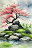 Placeholder: Japanese style watercolor of a Japanese garden, moss-covered stones, a delicate cherry blossom tree in bloom, realistic tones, some splatters