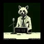 Placeholder: Hyena in a suit and tie, as an announcer sitting at the transmission table with a microphone presenting a newscast. Banksy cómic style. Ultra quality