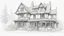 Placeholder: A highly detailed front elevation line drawing of Harry Potter's The Burrow.