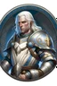 Placeholder: Please create an image for a 30-year old half-aasimar male with silver hair and blue eyes. He is a cleric of Selune, whose symbol should be placed on the cleric's shield, if visible in the image. The cleric should be wearing either medium or heavy armor, and carrying a warhammer or a mace and a shield