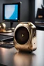 Placeholder: hand held CUSTOMIZABLE SPEAKER with a display screen and it is made of brass on a futuristic desk